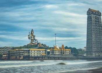 murdeshwar temple early morning view from low angle image is taken at murudeshwar karnataka india at early morning. it is the house of one of the tallest rajagopuram in the world.